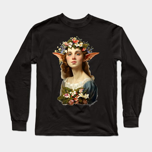 Elf Girl with flowers vintage baroque painting Long Sleeve T-Shirt by Ravenglow